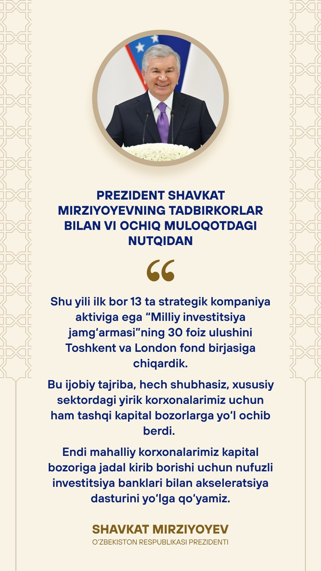 Prezident Shavkat Mirziyoyevning tadbirkorlar bilan VI ochiq muloqotdagi nutqidan eng muhim fikr va tashabbuslar